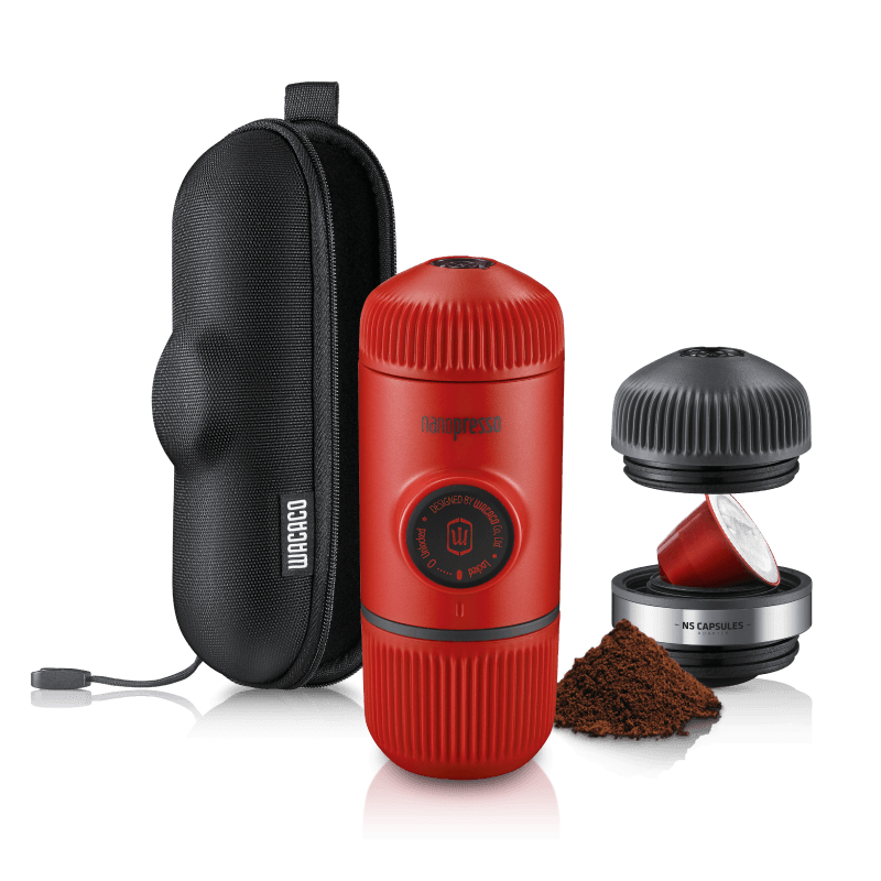 Wacaco Nanopresso NS Adapter Bundle in Red Patrol with protective case, NS adapter, Nespresso capsule and ground coffee