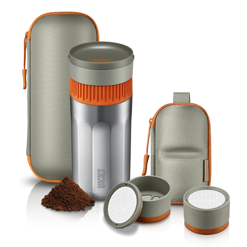 Wacaco Pipamoka bundle with portable coffee maker, protective case, carry pouch, filter baskets and ground coffee