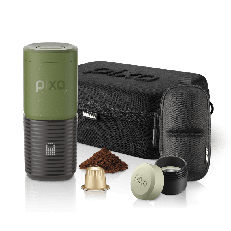 Olive Green Wacaco Pixapresso bundle with portable espresso maker, carrying case, travel case, coffee container, ground coffee and Nespresso capsule