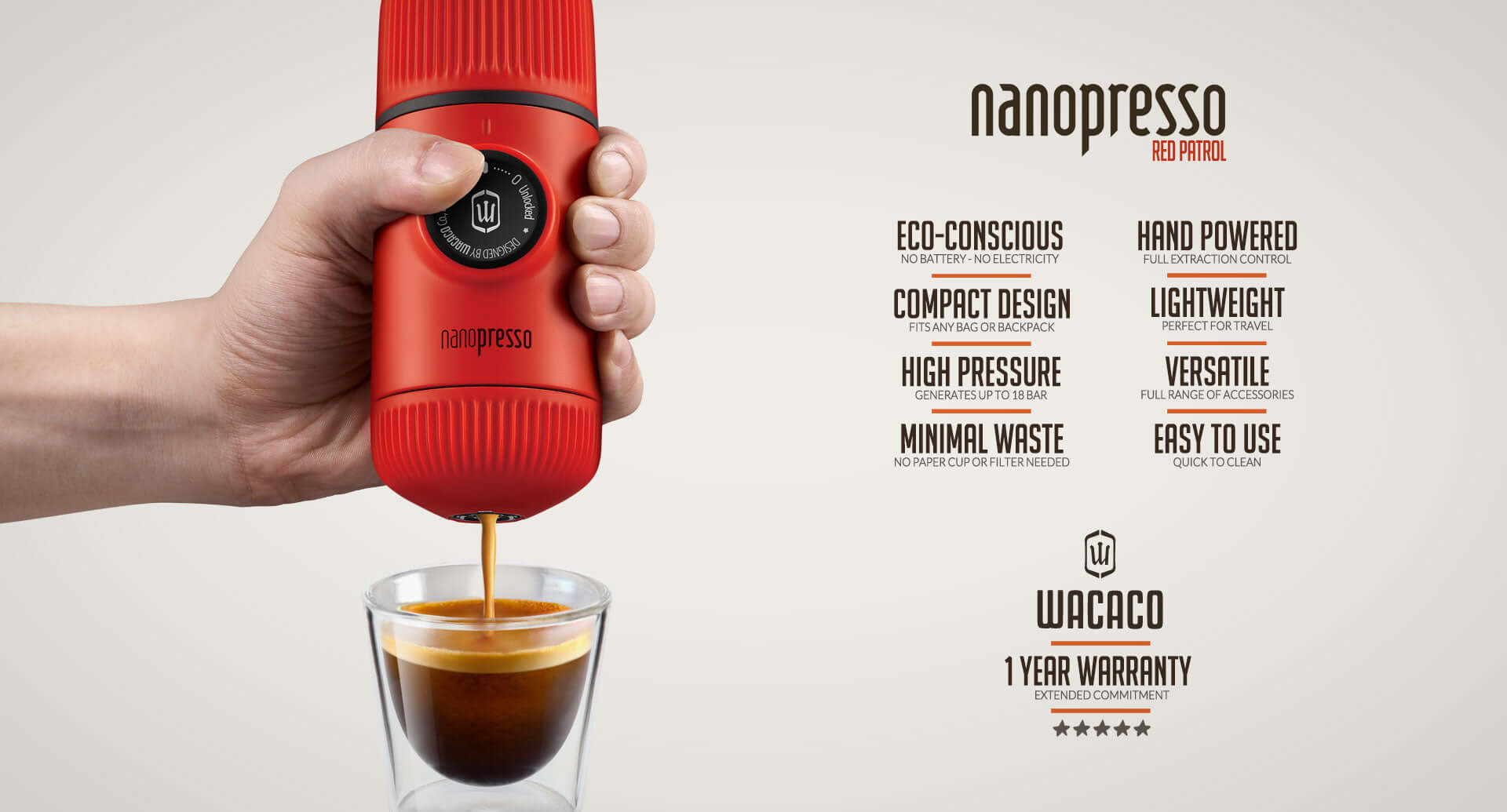 Wacaco Nanopresso Macchina Espresso Portatile, Bianco Freddo, Fino A 18 Bar Di Pressione Manuale, Pompa Brevettata, Leggera 336g, Ideale Per Viaggi E Campeggio