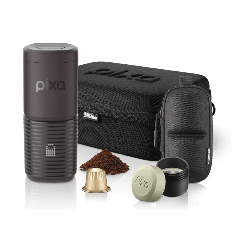 Dark Burgundy Wacaco Pixapresso bundle with portable espresso maker, carrying case, travel case, coffee container, ground coffee and Nespresso capsule